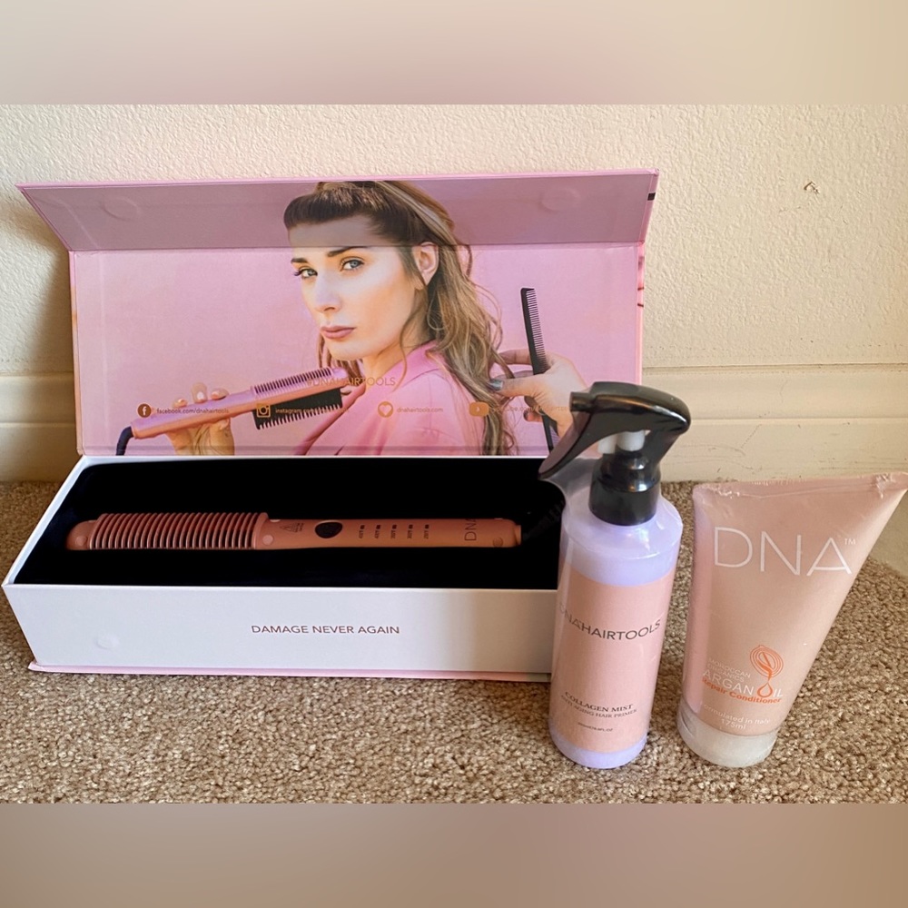 BRAND NEW DNA Hair Tool Straightener with Argan Conditioner & Collagen Hair Mist